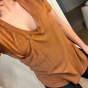 Z Supply Brown thin faux suede Short Sleeve V-Neck Top